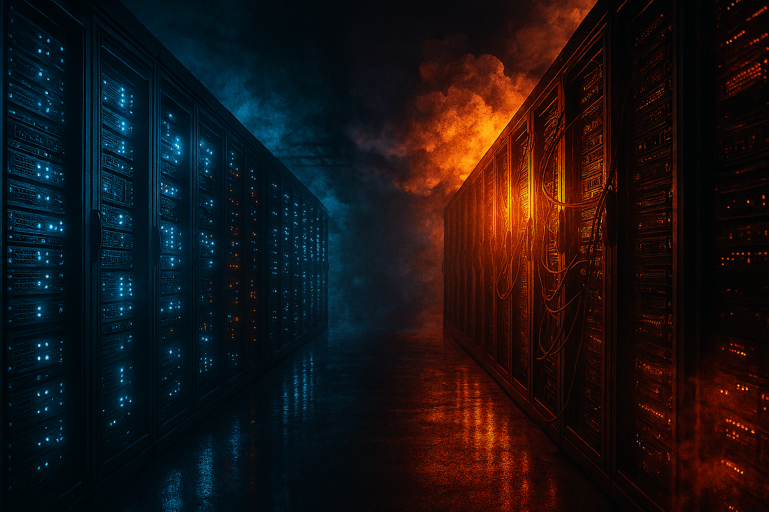 Illustration of a data center split between cool blue light and fiery red heat, symbolizing AI’s climate paradox