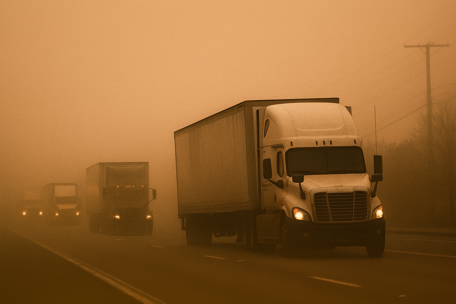 Diesel trucks lined up on a smoggy California freeway
