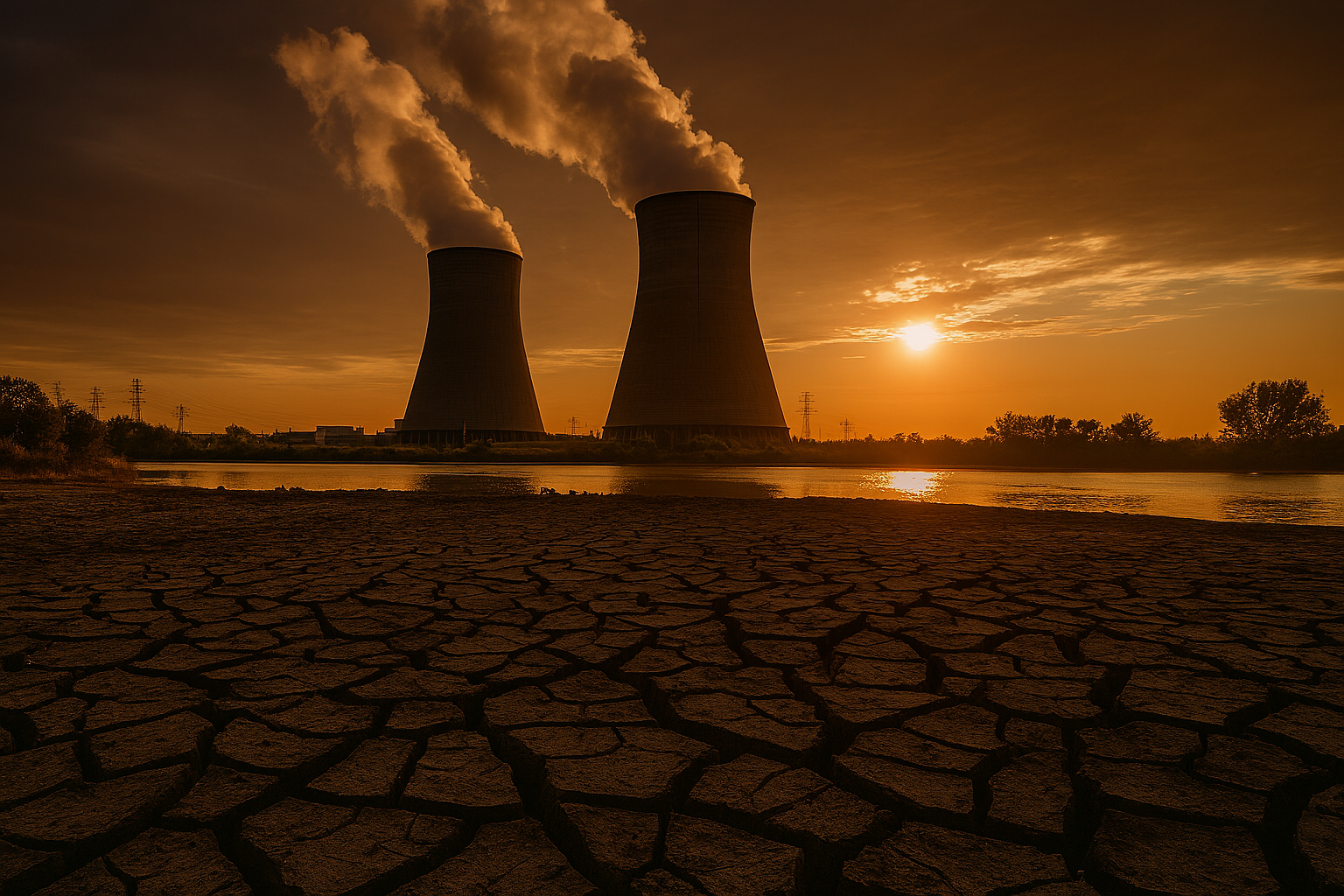 Cooling towers beside a cracked riverbed at sunset