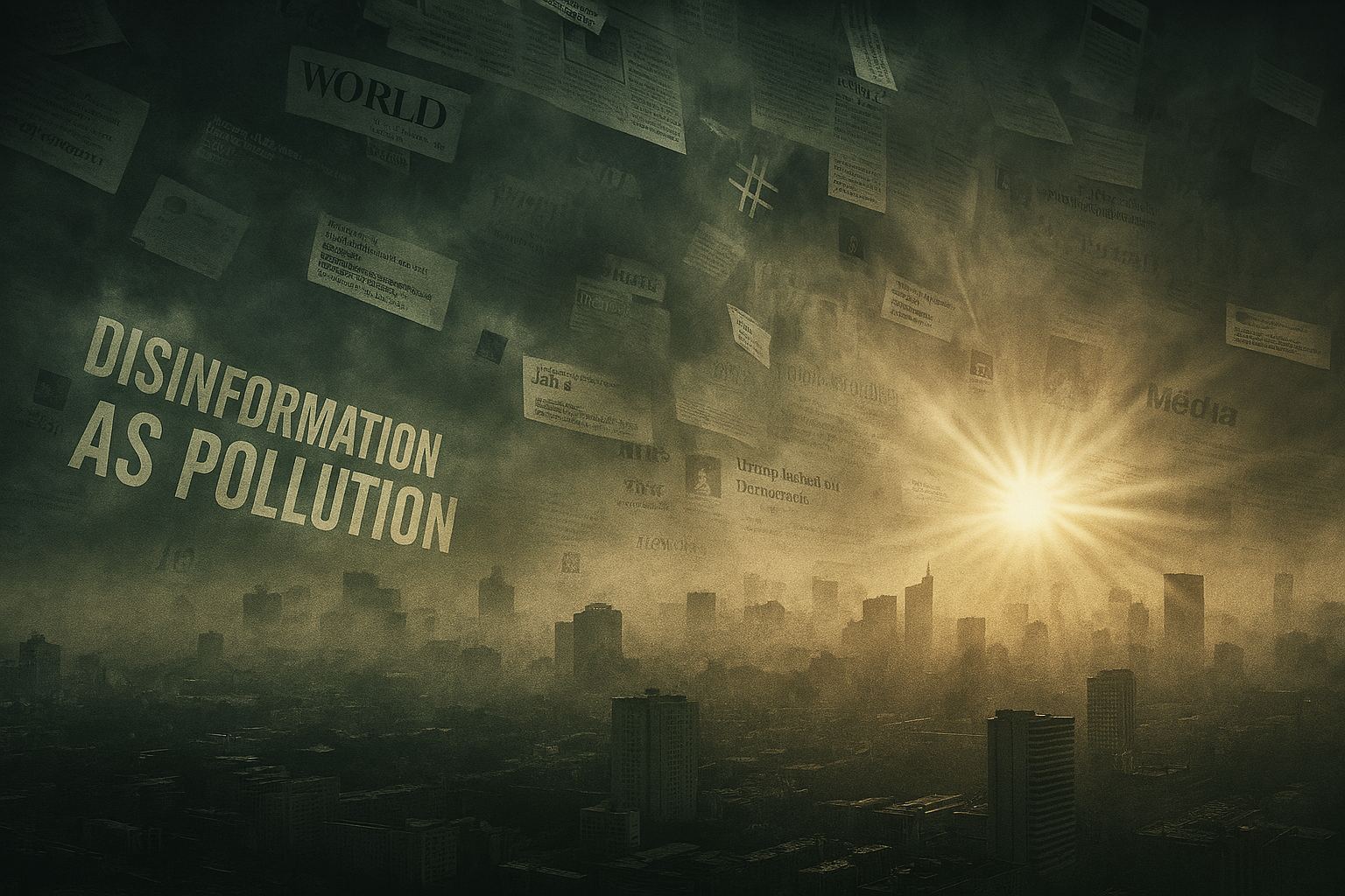 Smog of distorted headlines over a city; rays of truth piercing the haze