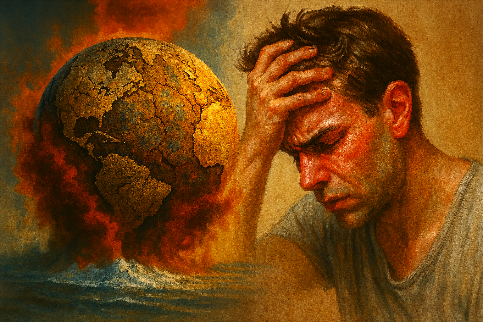 Editorial illustration of human figure embodying Earth's climate symptoms: flushed skin, melting ice, geological cracks, rising water