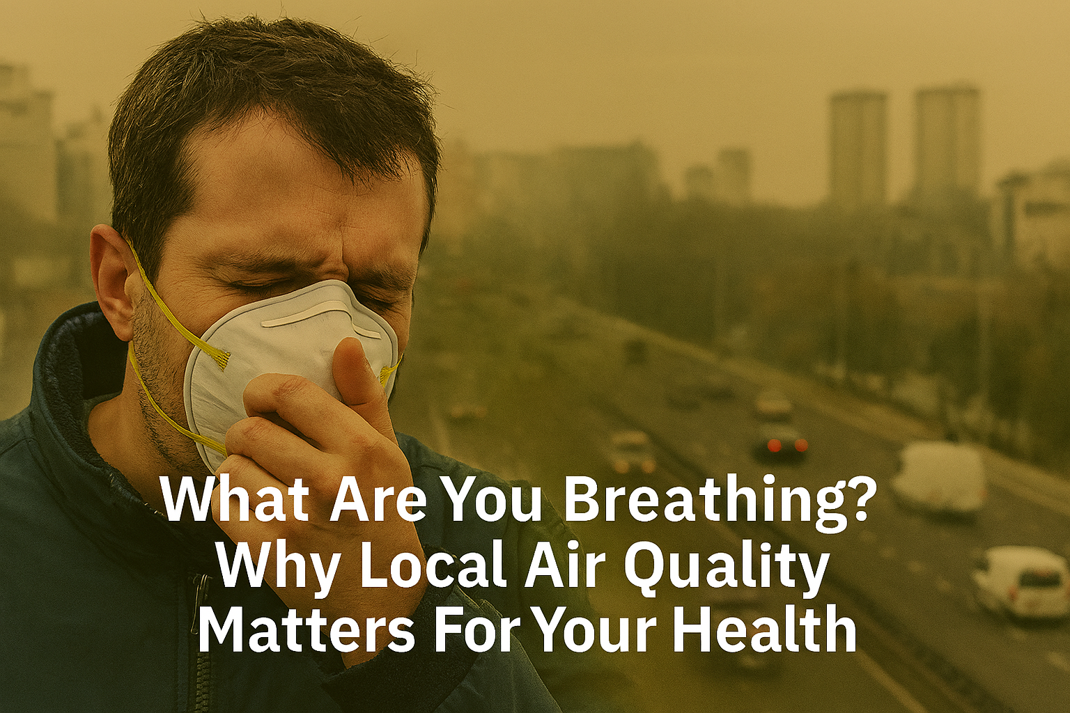 Masked pedestrian in smoggy city with headline overlay