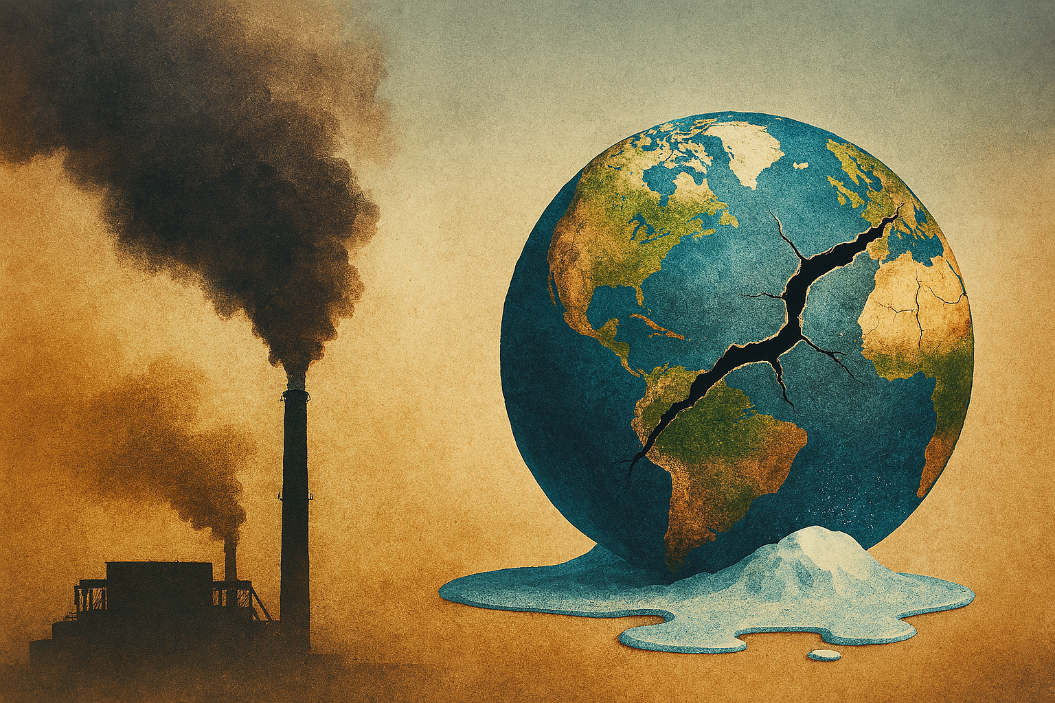 Symbolic image of climate change: cracked globe, melting ice, rising smoke